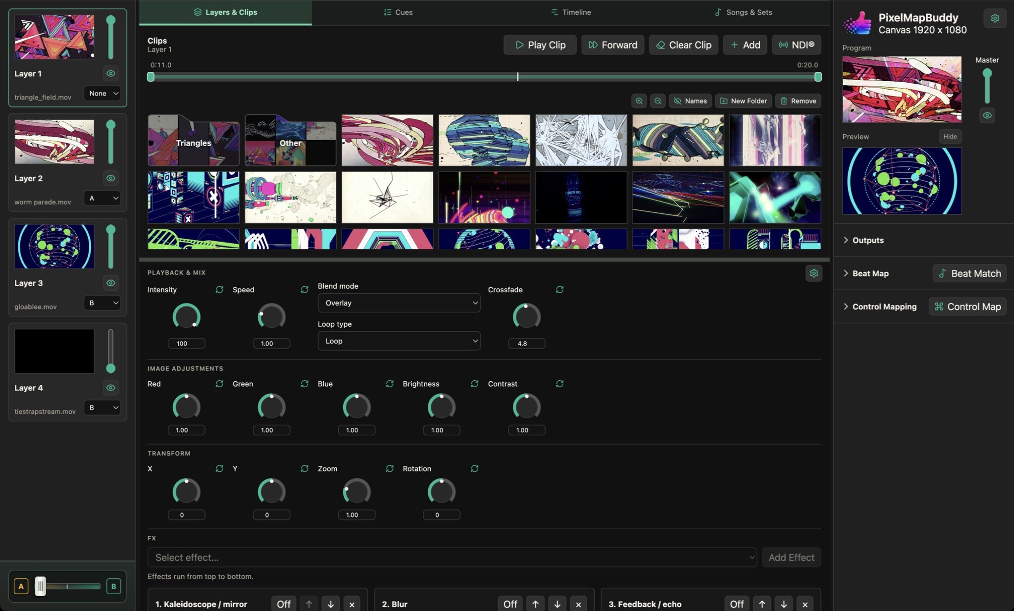 Pixel Map Buddy AB Mixing controls with the supplied show