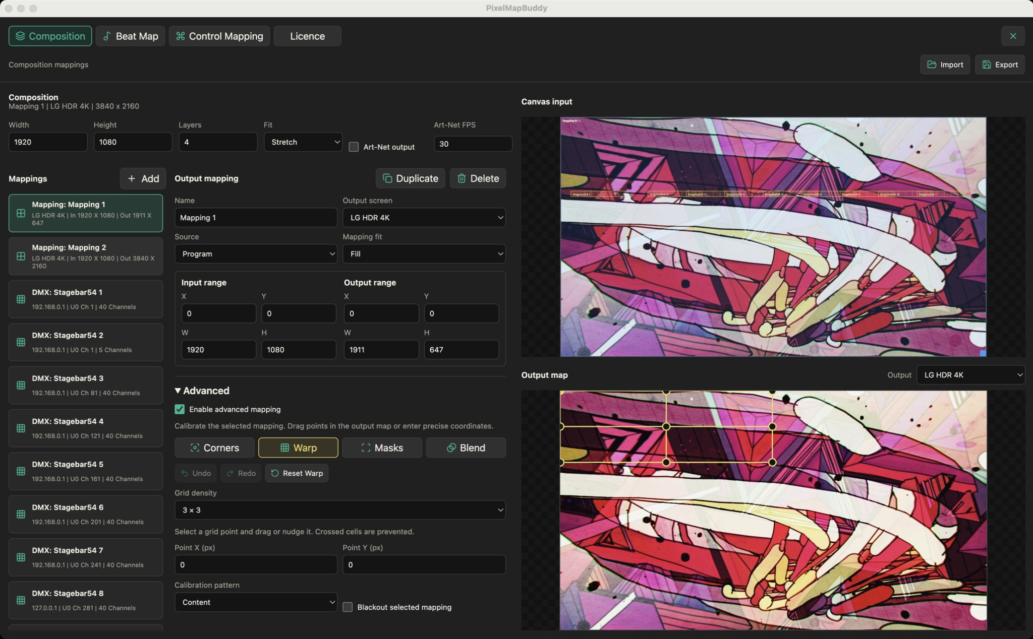 Advanced output editor and warp grid for the supplied show