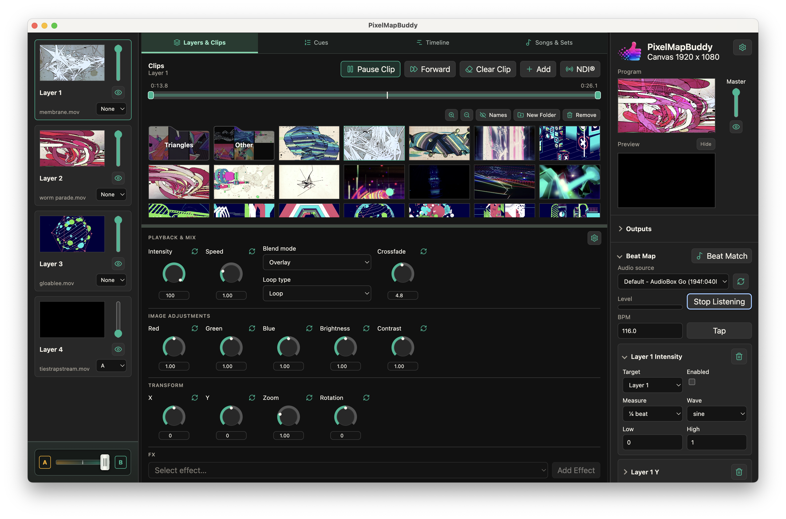 Pixel Map Buddy main workspace with Beat Map audio and parameter controls open in the right sidebar