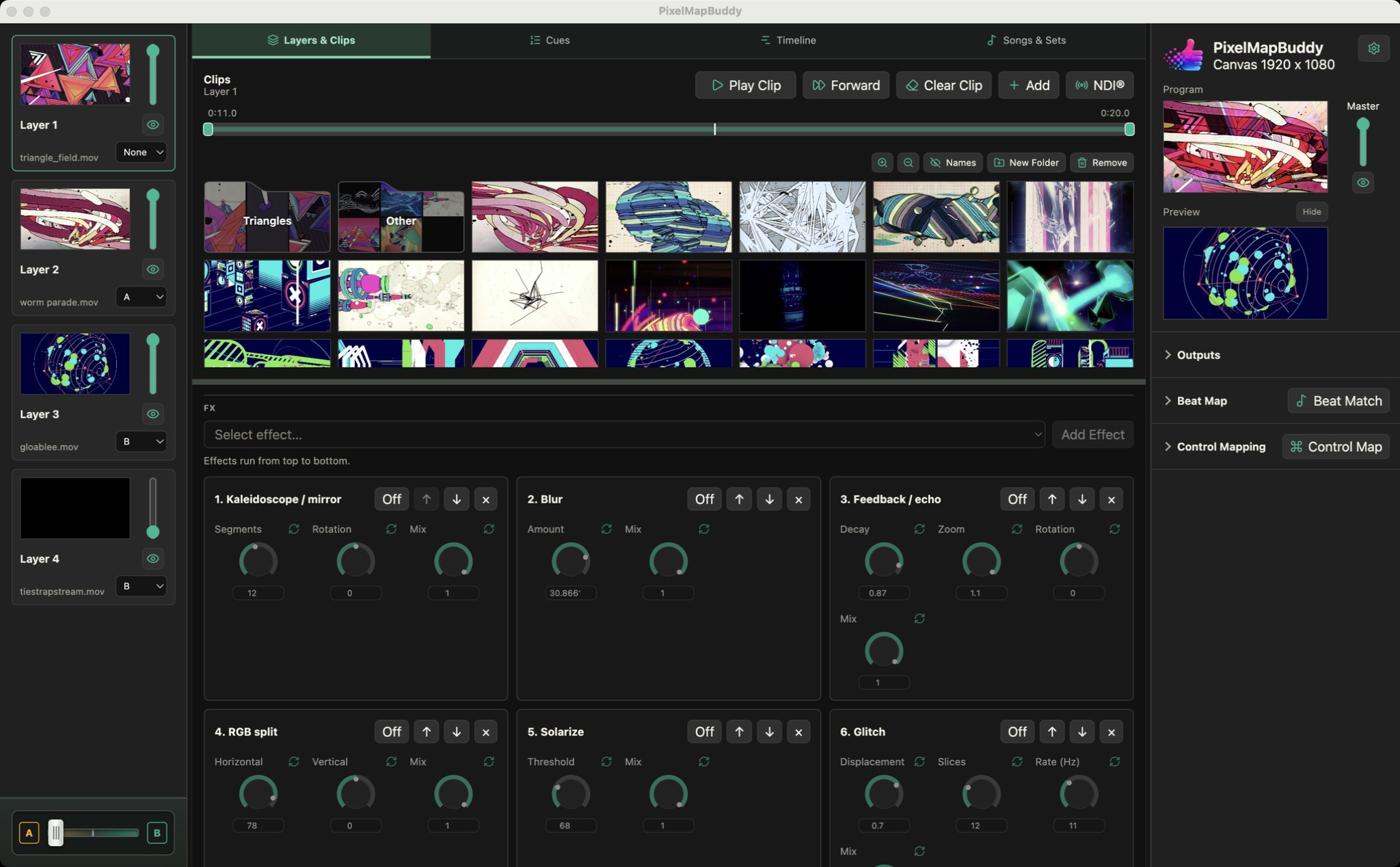 Pixel Map Buddy FX rack with the supplied show’s kaleidoscope, blur and feedback controls