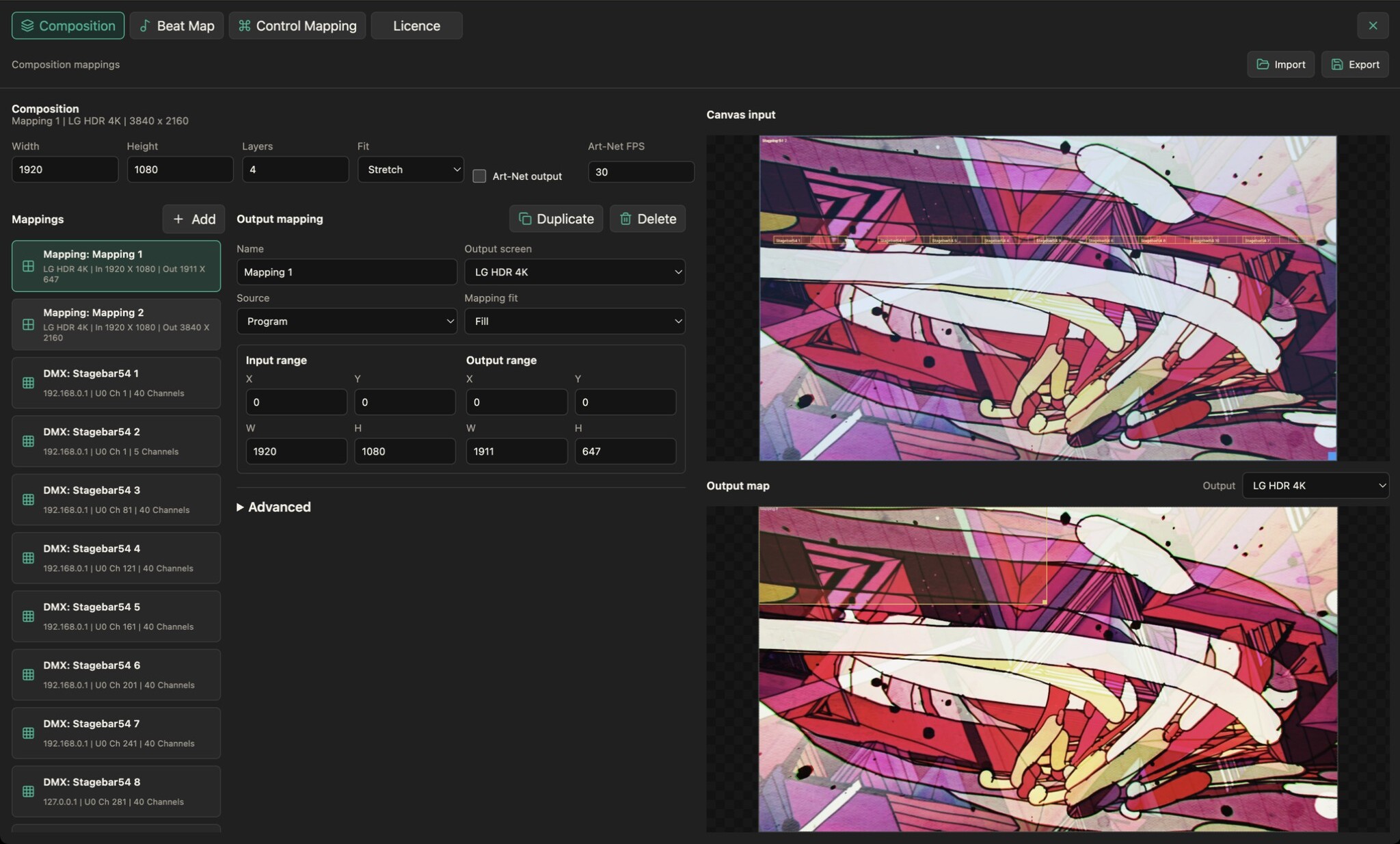 Pixel Map Buddy Output Mapping controls with the supplied show