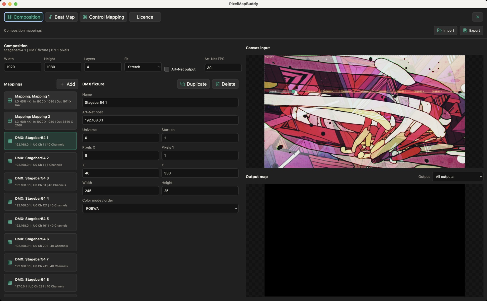 Composition settings with LED fixture layouts and Art-Net controls