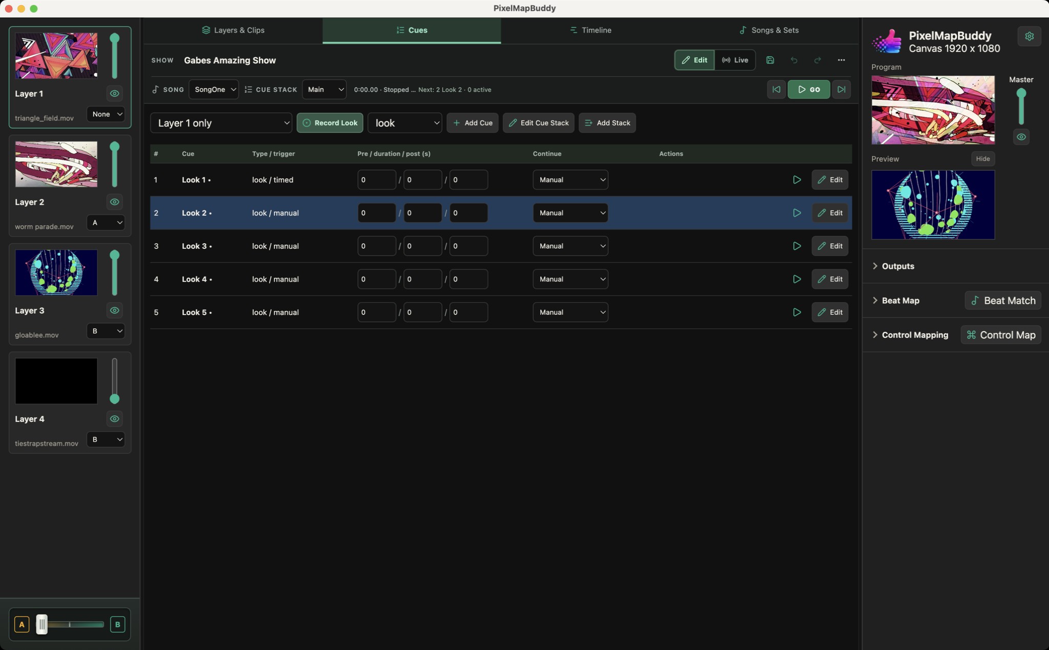 Pixel Map Buddy cue stack with recorded looks and show transport controls