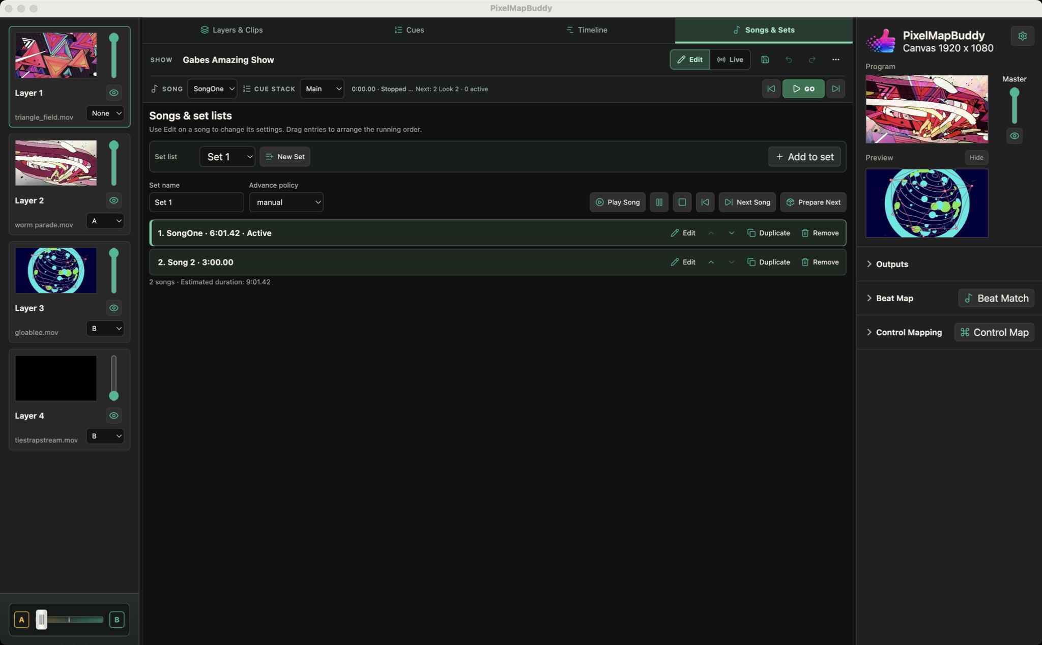 Songs and set organisation from the supplied Pixel Map Buddy show