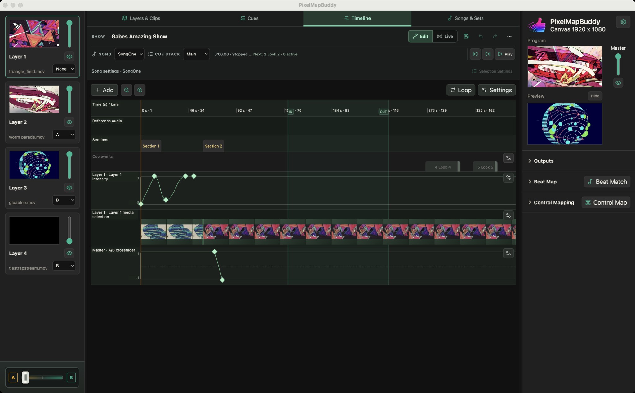 Timeline automation and events from the supplied Pixel Map Buddy show