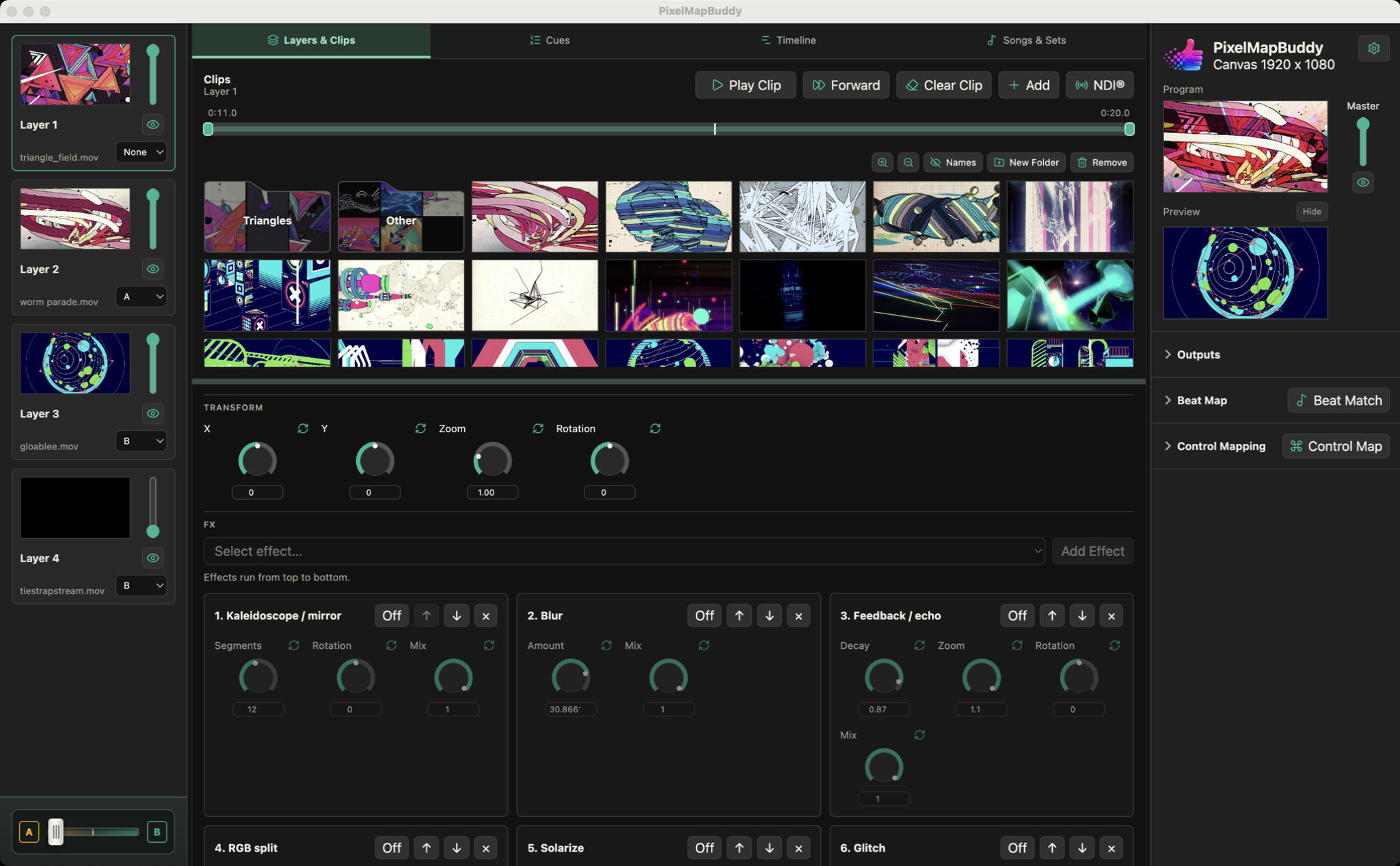 Layer playback, media library and live video preview